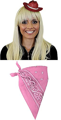 Ilovefancydress Mini-Cowgirl-Hut mit rosa Paisley-Bandana, ideal für Westernpartys oder Junggesellinnenabschiede, Rot