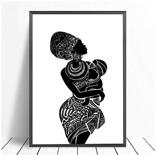 Belle femme africaine avec chambre de bébé, peinture sur toile, tableau mural noir et blanc, impression moderne, décoration de la maison, 42 x 60 cm sans cadre.
