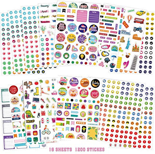 16 Blätter Planer Aufkleber Set, über 1200 Verschieden Mini Symbole Täglich Aufkleber Vielzahl Monatlich Tabs für Erwachsene DIY Kalender Arbeit Planung Budget Familien Ferien Tagebuch Aufkleber