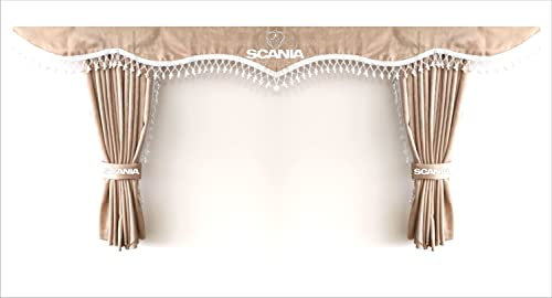 Perflex Vorhänge für Schlafzimmer, mit weißen Pompons und Haken, mit Scania-Logo, Beige