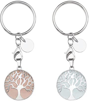 EMSea 2pcs Porte-clés Arbre de Vie Quartz Rose & Quartz Clair Porte-clés Pierre Précieuse Naturelle Pendentif Clé Fob Clé Décoration pour Ornement Sac à Main Accessoires