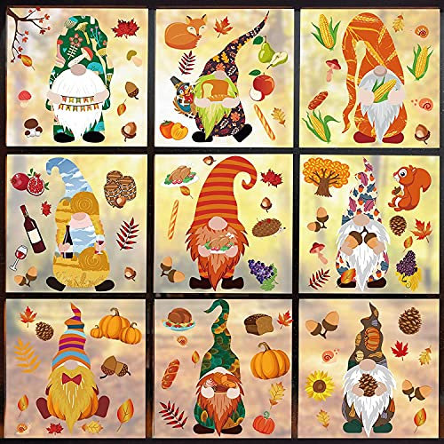 Herbst Deko Fensterbilder, Gnome Kürbis Thanksgiving Halloween Dekoration Fensteraufkleber, Doppelseitig Bedruckte Fensterbilder Herbst Deko Indoor, 9 Blatt 92 PCS Selbsthaftend Statische Aufkleber