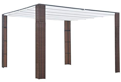 Tidyard Wasserfest Pergola Gartenpavillon Poly Rattan 300×300×200 cm | Standmarkise mit kippbarem Schiebedach | BBQ-Pavillon Zelt Metall Braun Creme