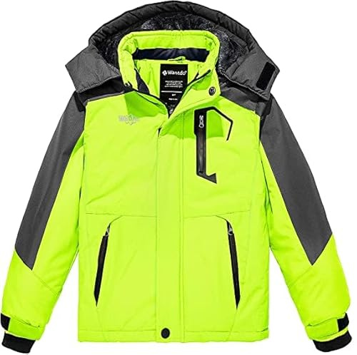 Wantdo pojkar berg skidjacka varm vinter fleece rockar vattentät andningsaktiv jacka utomhus huva vindjacka jackor, Grön fluorescerande, 116/122 cm