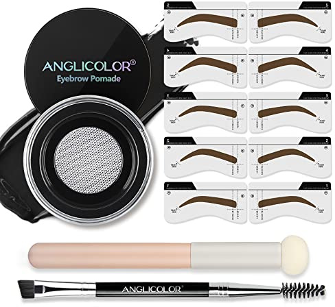 Anglicolor Augenbrauenpomade,Augenbrauenstempel und Augenbrauenschablonen-Set ,Wasserfeste Augenbraue ,Augenbrauenpinsel mit zwei Enden und Schwammapplikator (06 Jet Black Set)