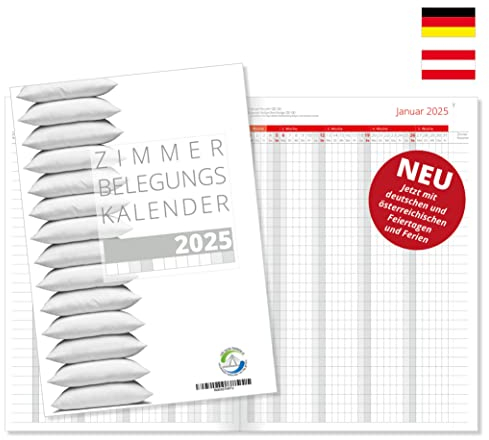 Zimmerbelegungsplan 2025 Zimmerbelegungskalender Belegungskalender für Vermieter Hotels und Ferienwohnungen Pensionen rote Sonn- und Feiertage für Deutschland und Österreich