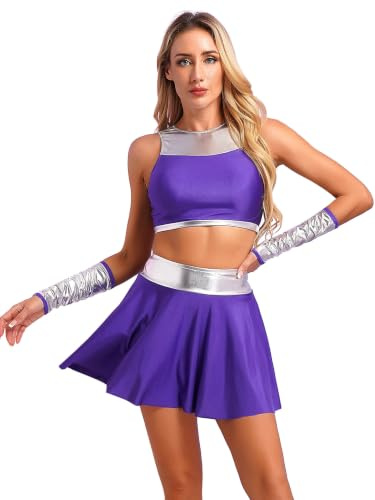 Jugaoge Supereroina da donna, per cosplay, top e mini pattinatori, pieghevole, con manicotti metallici, per Halloween, feste, travestimento