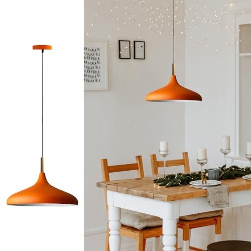 bamyum Champion Hängelampe Küche aus Holz und Metall 35 cm, Pendelleuchte Esstisch, Hängelampe Wohnzimmer, Küchenlampe Hängend, Deckenlampe Kinderzimmer E27, Pendelleuchte Orange für Schlafzimmer