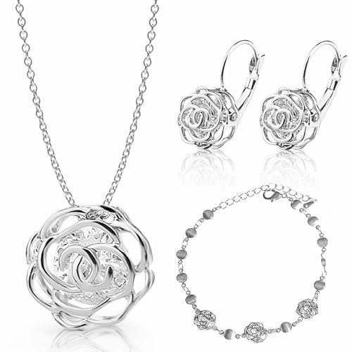 Crystalline Azuria Rose Blumen Kristalle Schmuck-Set Halskette 45 cm Leverback Ohrringe Armband 18 kt Weiß Vergoldet für Damen