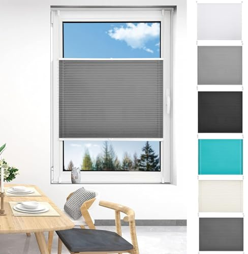 Thermo Plissee Ohne Bohren 55 x 160 cm Sichtschutz Und Blickdicht Easyfix Plisee Rollo Ohne Bohren mit Klemmträger / -fix für Schlafzimmer, Hellgrau