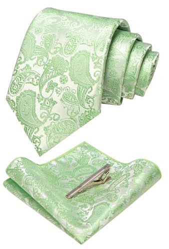 JEMYGINS hellgrün krawatte Paisley Seide Herren Krawatten und Einstecktuch mit krawattenklammer Sets