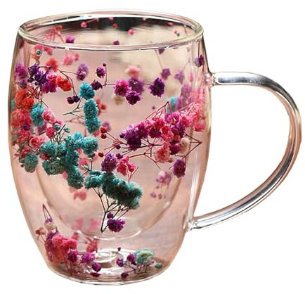 NLDGR Taza de café de Vidrio de Doble Pared con Asa, Taza de Doble Capa de Flores Secas, Tazas para Capuchino, café, té, Leche, Taza de Vidrio Aislada Resistente Al Calor, Regalos de