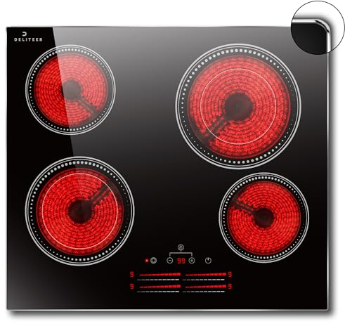 DELITEER Ceramic Hob 4 Zones, Electric Hob with Metal Frame, Built-in Glass Ceramic Hob, 60CM, 6600W, Independent Heating Zone Slider Touch Control with Dual Zone, Safety Lock, Timer