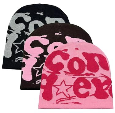 iSpchen 3 Stück Weiche Strickmütze Unisex Wintermütze Winter Y2K Beanie mit Buchstabendruck Skimütze,schwarz+Kaffee+pink