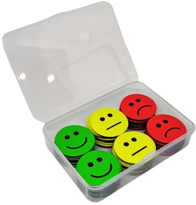 90 Feedback-Magnete im Set (Durchmesser 3cm): 30 fröhliche grüne, 30 neutrale gelbe & 30 traurige rote Magnete in praktischer Box – Ideal für kreative Kommunikation in Schule, Job & Alltag