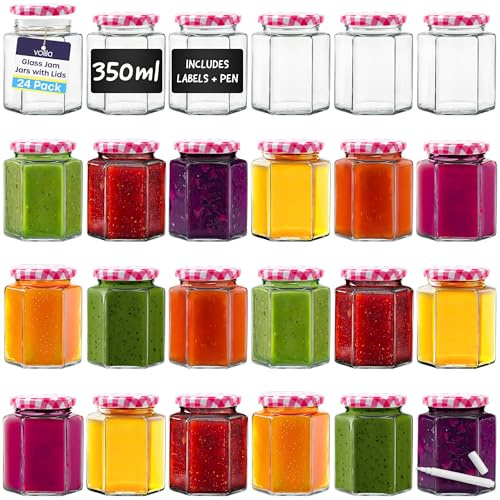 volila Glass Jars with Lids 350ml - 24 Pack Hexagonal Jars with Red Gingham Screw Top Lids - Airtight Glass Jars with Lids for your Homemade Jam, Marmalade and Chutney - Jam Jars with Lids