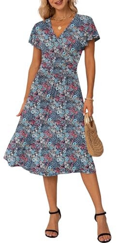 GRECERELLE Womens Summer Wrap Dress Ladies Casual Ruffle Short Sleeve V-Neck Floral Beach Dresses for Women (Navy Blue Coral, M)