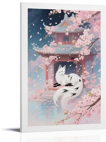 TSIDDKA Poster con Kitsune bianco che riposa nel padiglione della pesca con petali che cadono scena, decorazione per soggiorno e camera da letto, decorazione artistica da parete estetica moderna