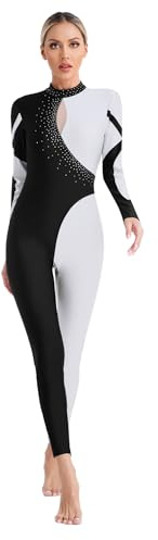 Sinleey Women Rhinestone Gymnastics Leotard Unitard Full Length One Piece Figure Ice Skating Jumpsuit White Medium