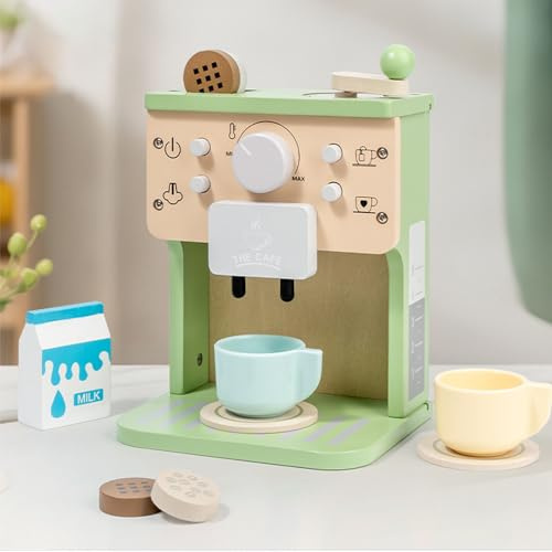 POENVFPO Wooden Coffee Maker Toy, Complete Dramatic Play Set with Cups & Spoons for Kids Educational Kitchen Role Play Toys