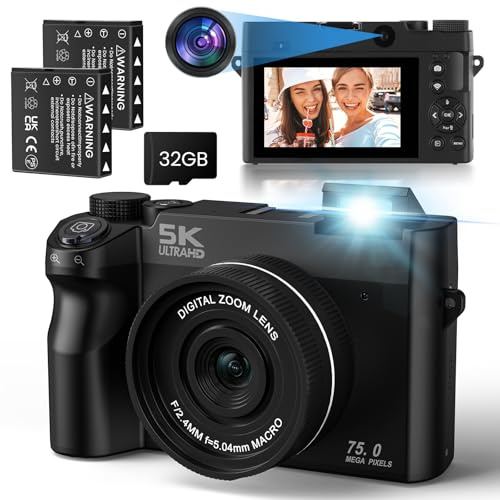 Nsyee 5K Digital Camera, 75MP Vlogging Camera with WiFi Dual Lens | Autofocus Compact Camera with WiFi, Selfie Lens, 18X Zoom, Webcam Mode & 32GB Card for YouTube, Travel, Beginners, Black