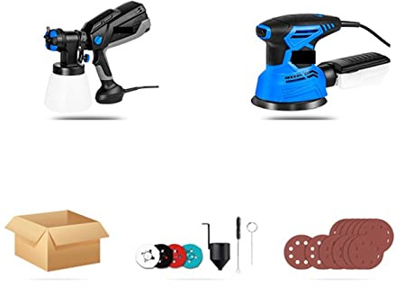 600W Electric Spray Gun/300W Random Orbital Sander Suit Household HVLP Paint Sprayer/Strong Dust Collection Polisher Convenient Blowing(PTET1022 HT264)