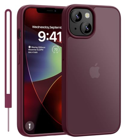 ORDA Matte Case for iPhone 13 / iPhone 14 With lanyard,Shockproof Military Grade Drop Protection, Frosted Translucent Back Phone Cover for iPhone 13/14 Csae,Wine Red
