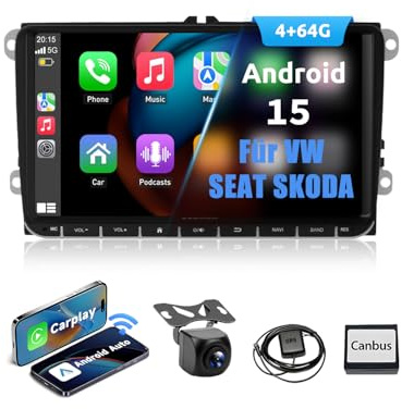 ESSGOO True 4+64G Wireless Autoradio, 9 Zoll Touchbildschirm mit Carplay Android Auto, Android 15 Car Radio für VW Golf 5 6 T5 Polo Passat Touran Tiguan Seat Skoda mit Bluetooth GPS AM FM RDS SWC