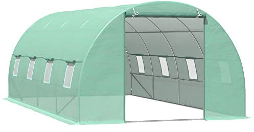 Outsunny Invernadero de Túnel 600x300x200 cm Invernadero de Jardín con Puerta Enrollable 8 Ventanas Cubierta PE 140g/m² y Tubo de Acero para Cultivos Plantas Verduras Verde