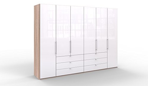 WIEMANN Loft Kleiderschrank, Schlafzimmerschrank, Gleittürenschrank, Drehtürenschrank, mit Schubladen, Glas weiß, Eiche-sägerau, Holz, B/H/T 300 x 216 x 58 cm