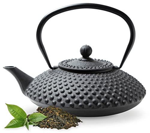 Tealøv TEEKANNE GUSSEISEN 1,25 LITER | Gusseiserne Teekanne im Japanischen Stil | Gusseisen Teekanne mit Sieb aus Edelstahl | Hervorragende Wärmespeicherfähigkeit | Langlebig | Kambin | Schwarz