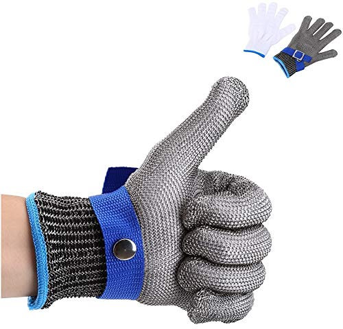 FILFEEL Sicherheitshandschuh, schnittfest, stichfest, 316L Edelstahldraht, Jagd, Angeln, Metzger, strapazierfähiger Baumwollhandschuh, hohe Leistung, Level 5 Schutz, Größe L