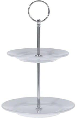 Excellent Houseware - Alzata a 2 Piani, Rotonda, in Ceramica, Altezza 21,5 cm, Colore: Bianco