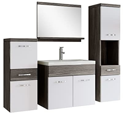 Badezimmer Badmöbel Set Alba 60cm Waschbecken Grau Eiche mit Weiß - Unterschrank Hochschrank Waschtisch Möbel