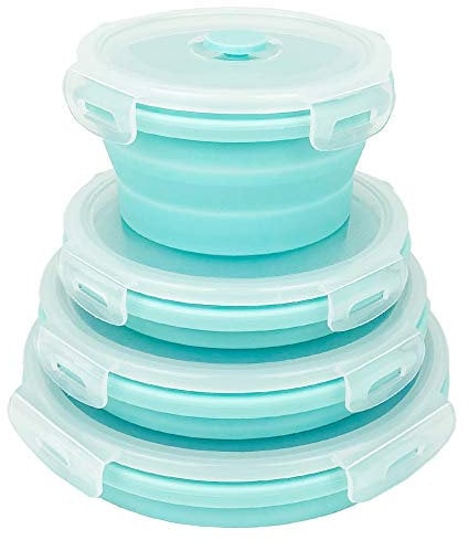 Ewrap Collapsible Food Storage Containers, Silicone Bowls with Plastic Lids - Round Set of 4 - Microwave&Freezer Safe, for Kitchen and Camping