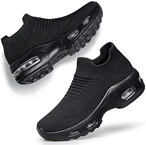 DOUSSPRT Womens Walking Shoes Slip on Sock Air Cushion Sneakers Black