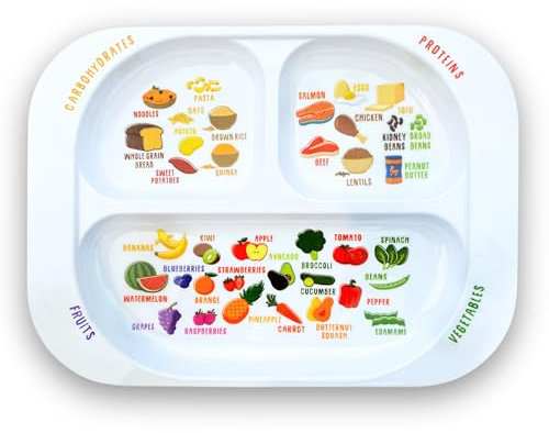 j&m Plato dividido de aprendizaje saludable para niños | Aprenda Nutrición y Grupos de Alimentos | Secciones de colores para los más caprichosos | Melamina apta para lavavajillas