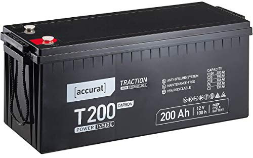 Accurat AGM Batterie T200-12V, 200Ah, zyklenfest, wartungsfrei - Traction Versorgungsbatterie, Carbon Blei Akku, Solarbatterie, Bootsbatterie für Wohnmobil, Wohnwagen, Camper, Bootsbatterie