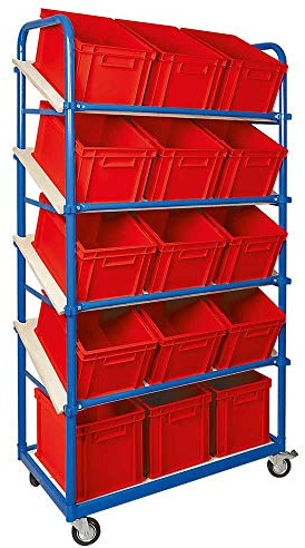BRB Schrägboden-Regalwagen mit 5 Ebenen, 4 Lenkrollen, bestückt mit 15 Euroboxen 400x300x235 mm (rot)