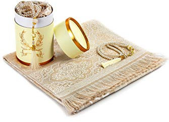 Muslimische Gebetsteppich und Gebetskette mit elegantem Zylinder Geschenkbox | Janamaz | Sajjadah | Weiche islamischen Gebetsteppich | Islamische Geschenke Set | Gebet Teppich Matte, Taft Stoff, Sahne