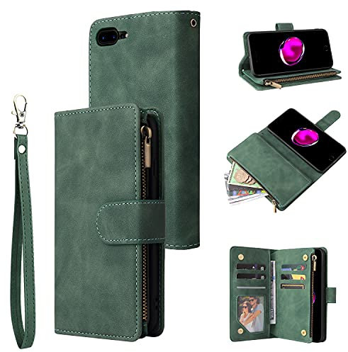 UEEBAI Wallet Case for iPhone 7 Plus iPhone 8 Plus, Premium Vintage PU Leather Magnetic Closure Handbag Zipper Pocket Case Kickstand Card Holder Slots Wrist Strap TPU Shockproof Flip Cover -Dark Green