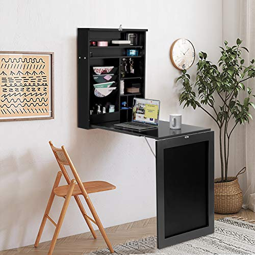COSTWAY Scrivania Pieghevole da Parete, Tavolo Pieghevole a Muro con Lavagna e Mensola Regolabile, Scrivania Multifunzione con Scaffali per Casa e Ufficio, 87 x 60 x 150 cm (Nero)
