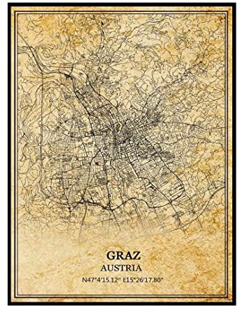 Graz Österreich Wandkunst, Vintage-Druck, Poster, Leinwand, Karte, Kunstwerk, Reise, Souvenir, Geschenk, Heimdekoration, ungerahmt 9x11 inches