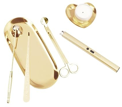 6 in 1 Kerzenpflege Kit, Kerzenfeuerzeug Wiederaufladbar, Kerzenlöscher Löscher Kerzendocht Dipper, Kerzenzubehör Set mit Aufbewahrungstablett Platte für Kerzenliebhaber (Gold)