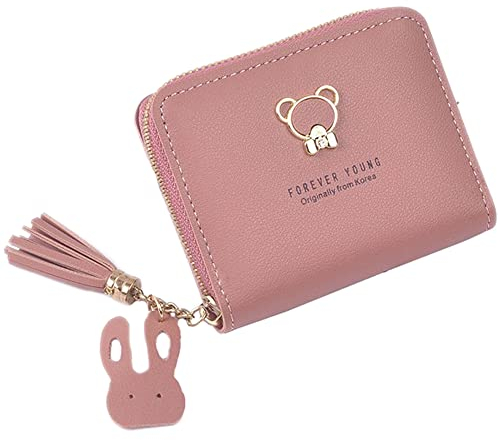 Damen Geldbeutel,PU Geldbeutel Mini Geldbörse für Frauen Coin Purse Wallet,Niedliche Cartoon-Geldbörse,Geldbeutel Damen aus Glattem und Weichem Kunstleder,mit Mehreren Kartenfächer und Fächern,Altrosa