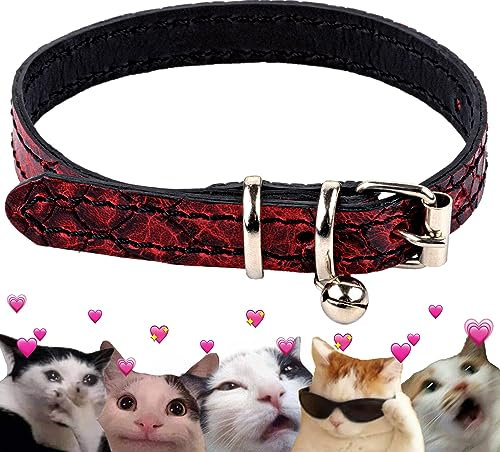 FAVPET Luxus Echtleder Katzenhalsband mit Glocke, Dünnes Katzenhalsband mit Metallschnalle, Schick Leder Katzen Halsbänder mit Glocke, Glöckchen Halsband Katze Leder, Katzen Lederhalsband (Rot)