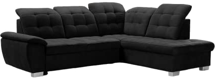 DomiMeble Ecksofa Lotta 258 x 212 x 108 cm - modernes Sofa, bequem mit hochelastischem Schaumstoff, mit Bettkasten, mit Schlaffunktion, angenehm anzufassendes Veloursmaterial (rechte Seite, Schwarz)