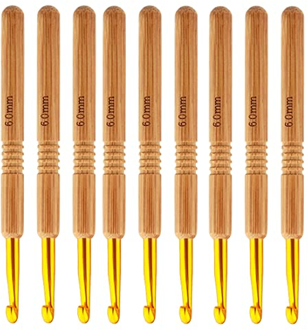 TSLRSA 9 Stück Häkelnadel-Set - ergonomischer Griff für arthritische Hände, Holzgriff zum Häkeln, extra leichte Stricknadeln für Anfänger und Häkelgarn, 2,0-6,0 mm Starter-Häkelset