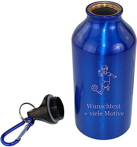 Geschenkissimo Trinkflasche Alu Blau – mit Gravur und Motiv für Jungen, Buben, Kinder – ideal für unterwegs, Kindergarten, Schule, Sport, Spielplatz, auslaufsicher, mit Schraubdeckel und Karabiner