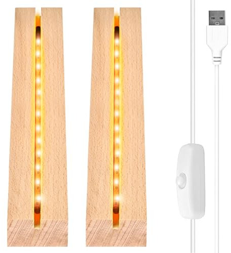 Vegena 2 Piezas Base de Exhibición de Luces LED, Base de Madera con Luz Led, Base de Madera Rectangular con USB para Placa Acrílica, Placa de Cristal (24 cm de Largo, Blanco Cálido)